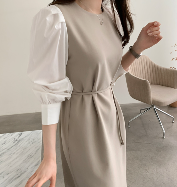 ジップアップラウンドネックスリットピンタックパフスリーブレイヤード風ギャザーボタンスリーブHライン(ロング丈)配色ワンピースストラップ付 | 詳細画像6