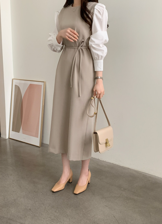 ジップアップラウンドネックスリットピンタックパフスリーブレイヤード風ギャザーボタンスリーブHライン(ロング丈)配色ワンピースストラップ付 | 詳細画像7