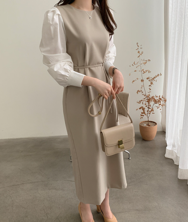 ジップアップラウンドネックスリットピンタックパフスリーブレイヤード風ギャザーボタンスリーブHライン(ロング丈)配色ワンピースストラップ付 | 詳細画像8