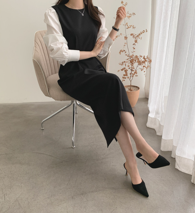 ジップアップラウンドネックスリットピンタックパフスリーブレイヤード風ギャザーボタンスリーブHライン(ロング丈)配色ワンピースストラップ付 | 詳細画像10