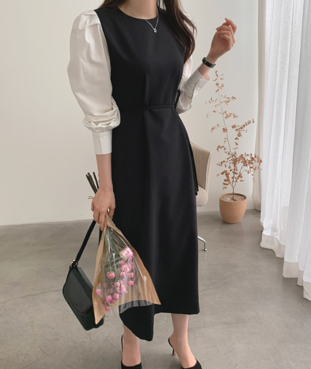 ジップアップラウンドネックスリットピンタックパフスリーブレイヤード風ギャザーボタンスリーブHライン(ロング丈)配色ワンピースストラップ付 | 詳細画像11