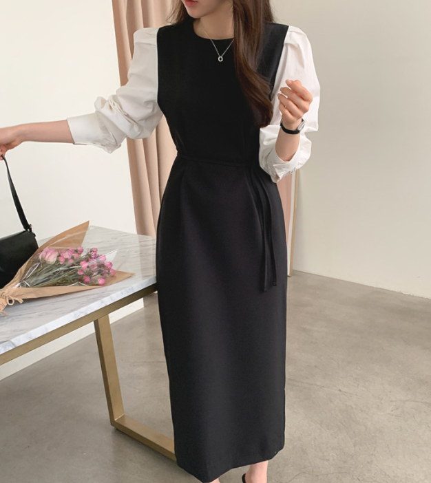 ジップアップラウンドネックスリットピンタックパフスリーブレイヤード風ギャザーボタンスリーブHライン(ロング丈)配色ワンピースストラップ付 | 詳細画像13