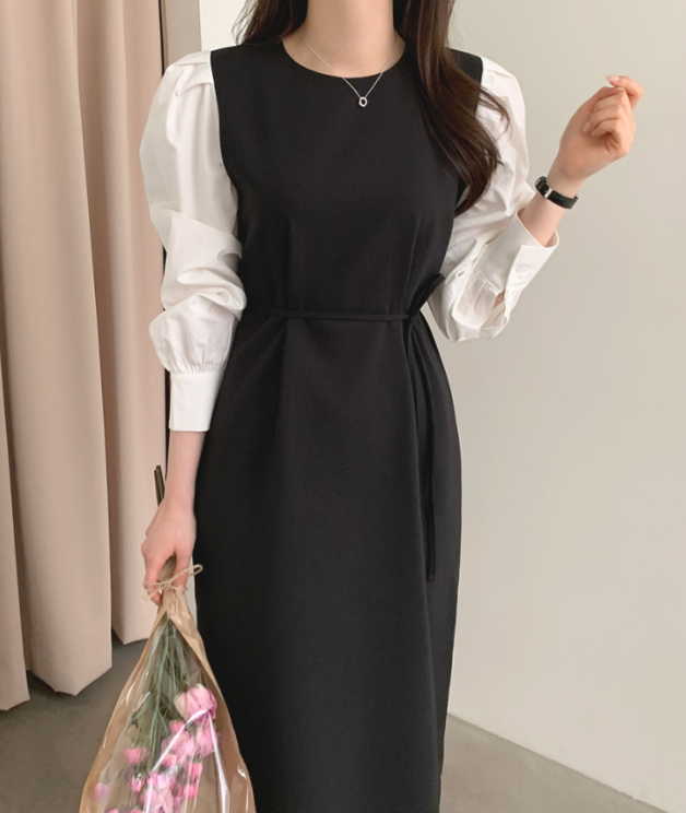 ジップアップラウンドネックスリットピンタックパフスリーブレイヤード風ギャザーボタンスリーブHライン(ロング丈)配色ワンピースストラップ付 | 詳細画像14