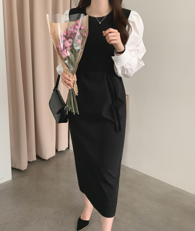 ジップアップラウンドネックスリットピンタックパフスリーブレイヤード風ギャザーボタンスリーブHライン(ロング丈)配色ワンピースストラップ付 | 詳細画像15