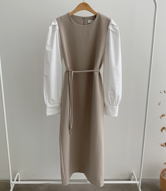 ジップアップラウンドネックスリットピンタックパフスリーブレイヤード風ギャザーボタンスリーブHライン(ロング丈)配色ワンピースストラップ付 | 詳細画像16