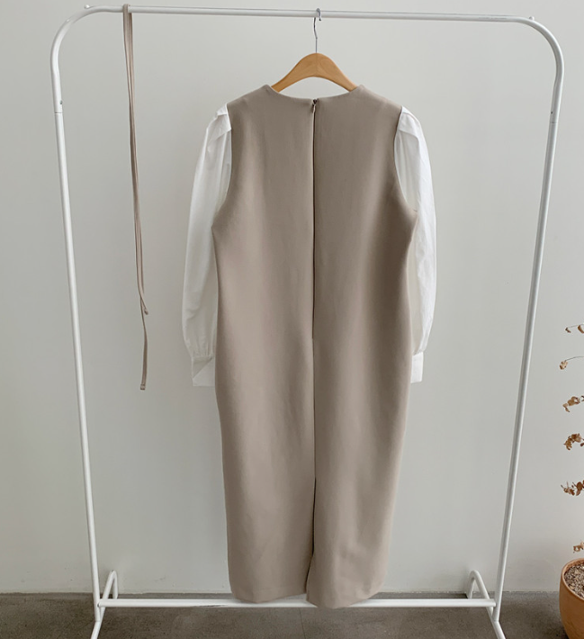 ジップアップラウンドネックスリットピンタックパフスリーブレイヤード風ギャザーボタンスリーブHライン(ロング丈)配色ワンピースストラップ付 | 詳細画像17