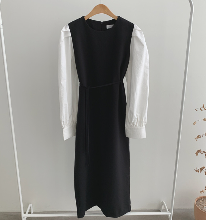 ジップアップラウンドネックスリットピンタックパフスリーブレイヤード風ギャザーボタンスリーブHライン(ロング丈)配色ワンピースストラップ付 | 詳細画像19