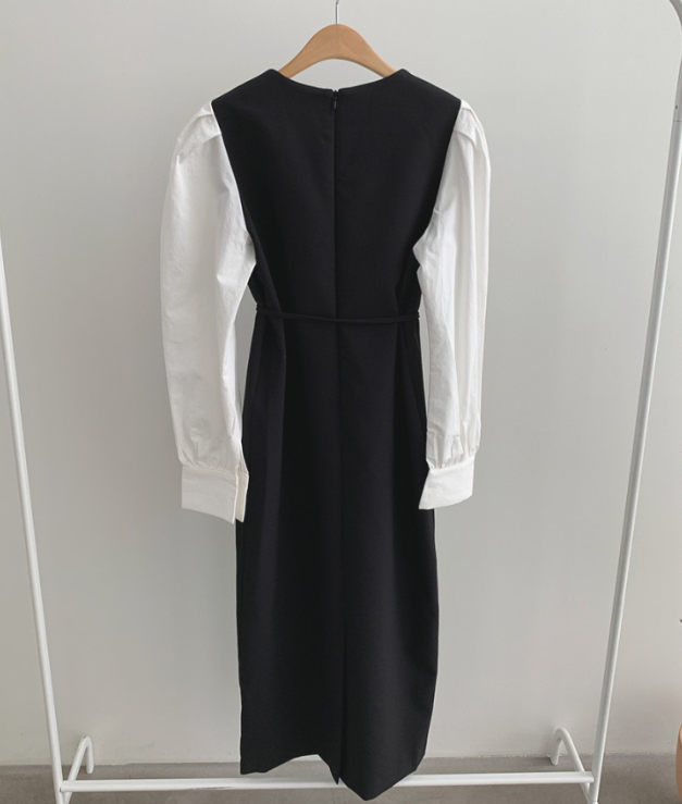 ジップアップラウンドネックスリットピンタックパフスリーブレイヤード風ギャザーボタンスリーブHライン(ロング丈)配色ワンピースストラップ付 | 詳細画像20