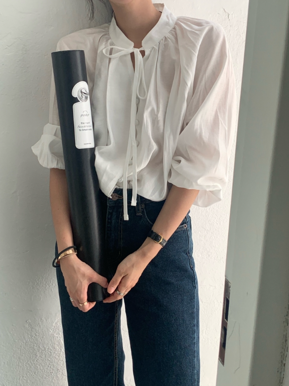 ボタンストラップVネックパフスリーブラグランルーズ長袖ギャザー無地ブラウス | 詳細画像2