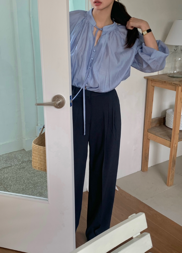 ボタンストラップVネックパフスリーブラグランルーズ長袖ギャザー無地ブラウス | 詳細画像7