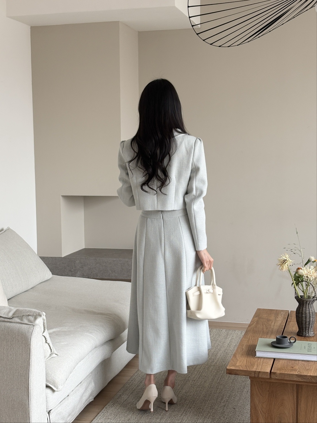 ツイードボタンVネック肩パッドラインパフスリーブロング長袖フレアAライン無地ツーピース(トップス、ボトムス)スカートジャケット | 詳細画像2