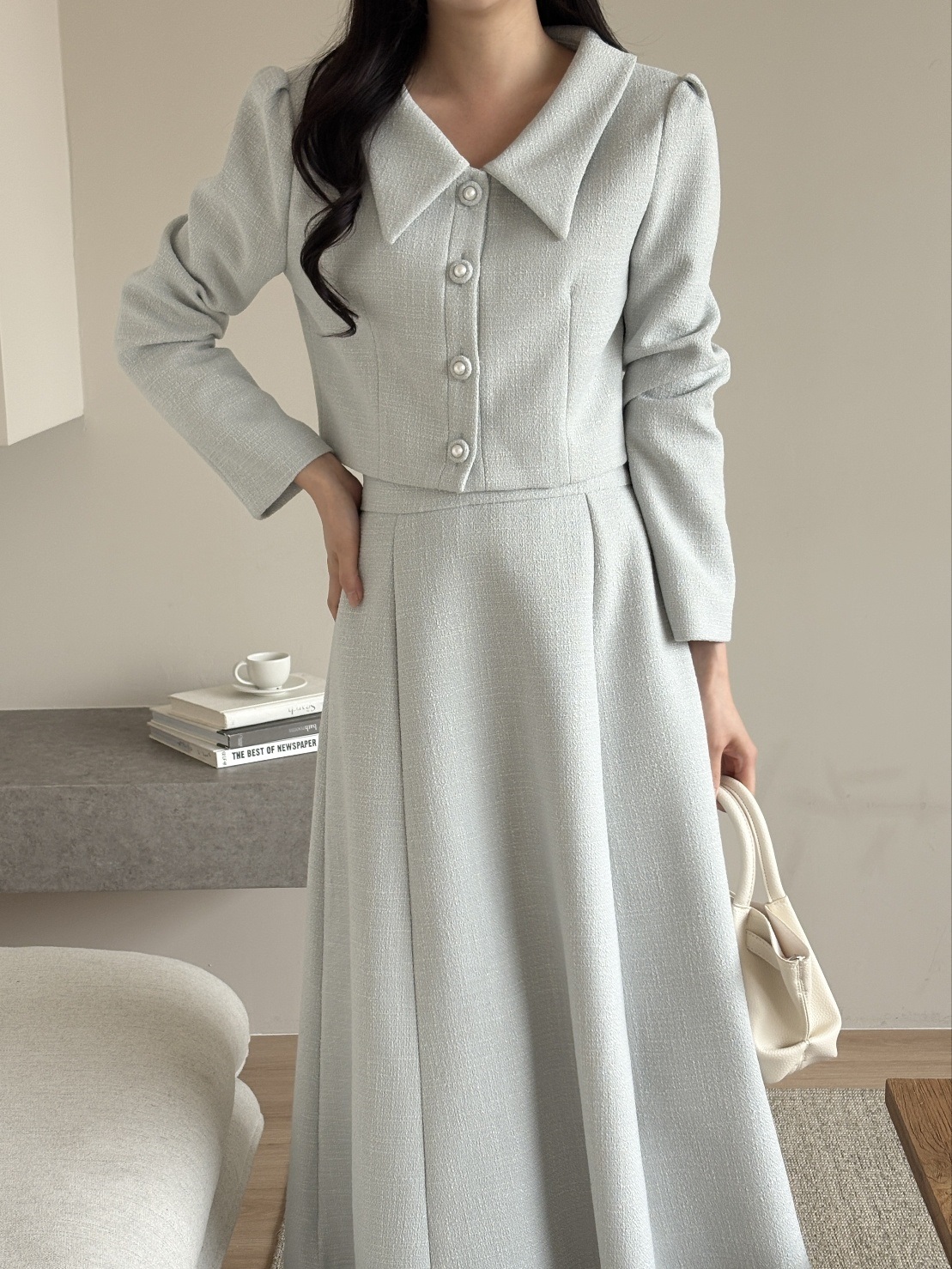 ツイードボタンVネック肩パッドラインパフスリーブロング長袖フレアAライン無地ツーピース(トップス、ボトムス)スカートジャケット | 詳細画像6