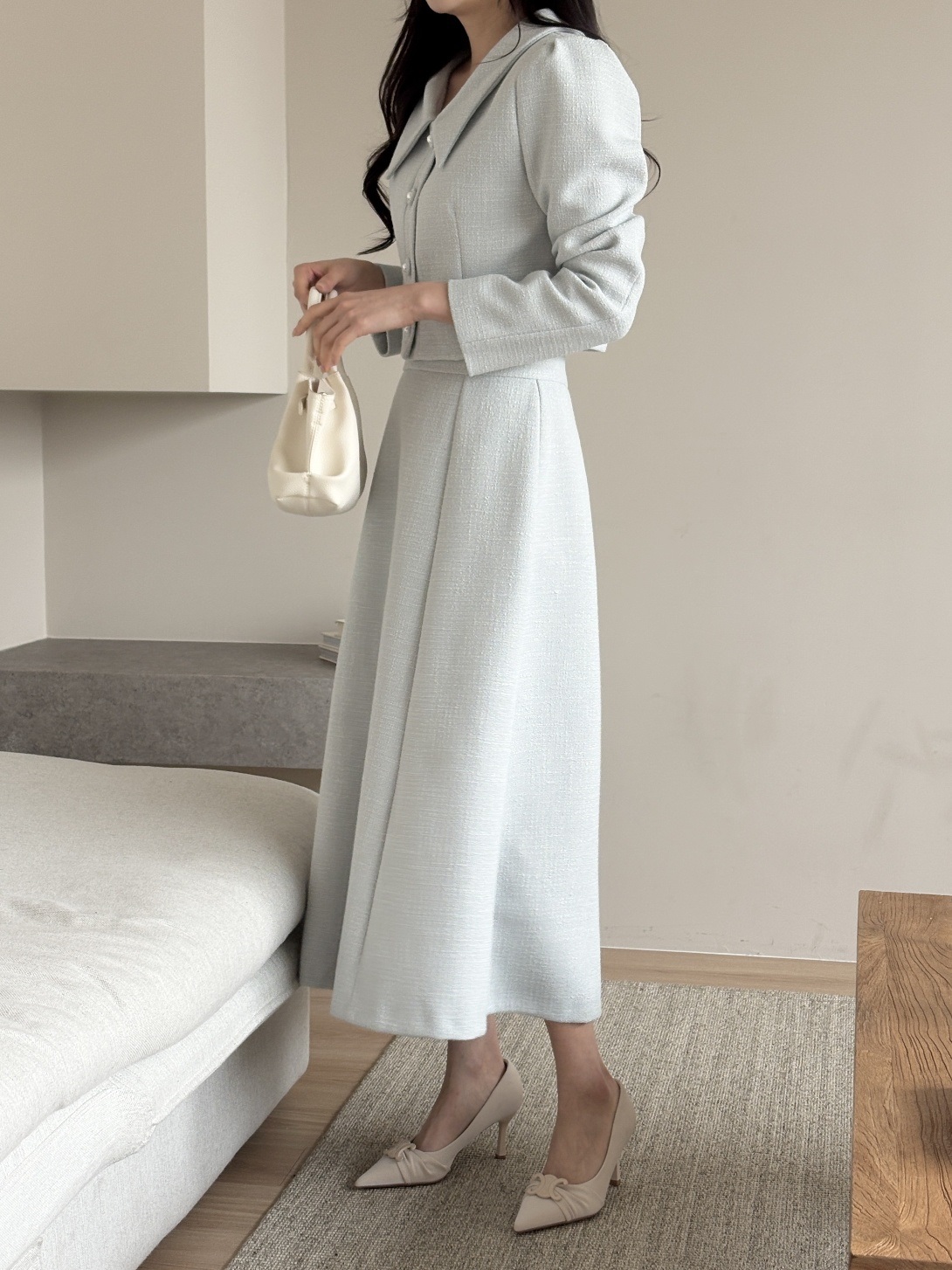 ツイードボタンVネック肩パッドラインパフスリーブロング長袖フレアAライン無地ツーピース(トップス、ボトムス)スカートジャケット | 詳細画像8