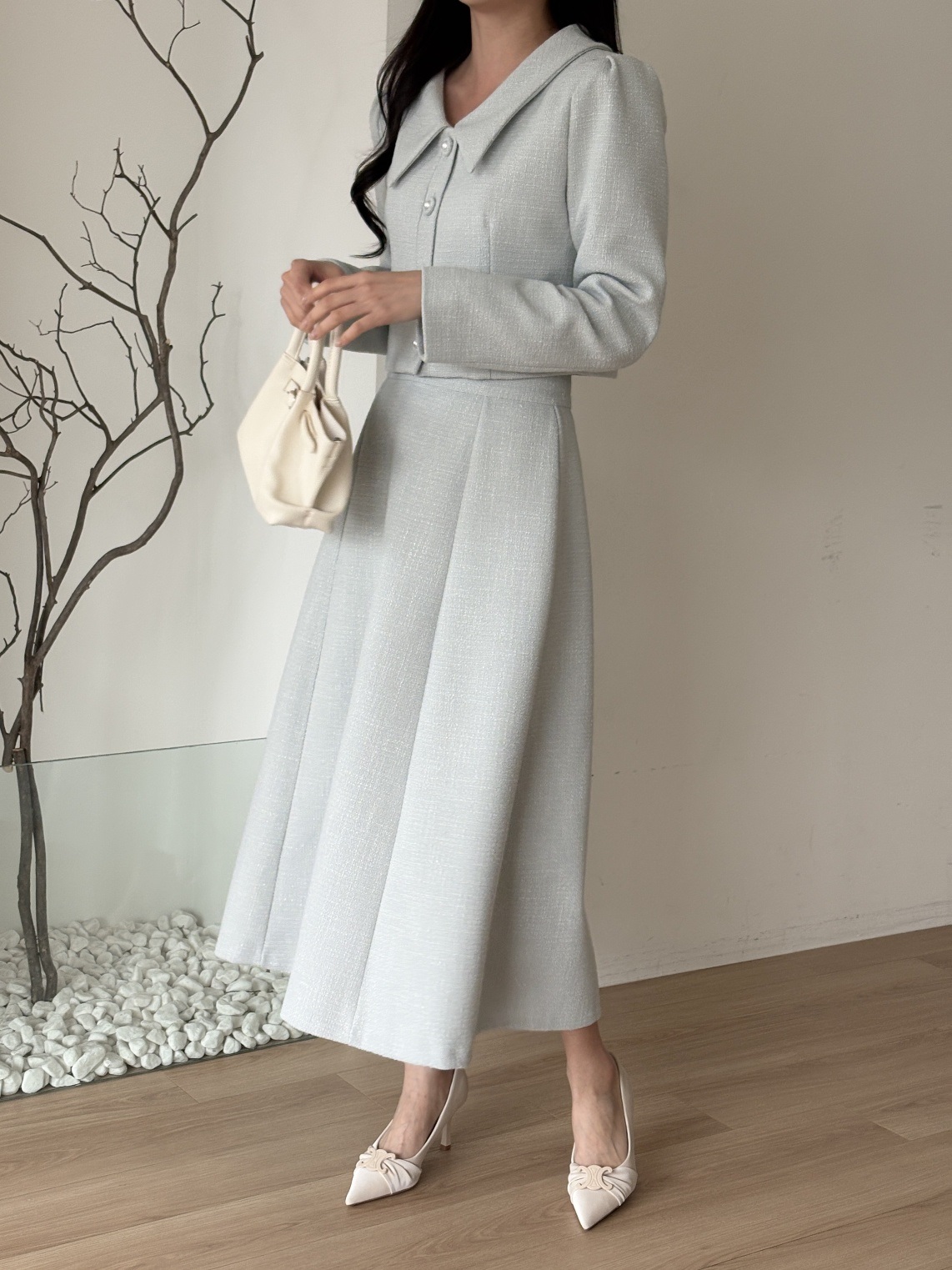 ツイードボタンVネック肩パッドラインパフスリーブロング長袖フレアAライン無地ツーピース(トップス、ボトムス)スカートジャケット | 詳細画像13