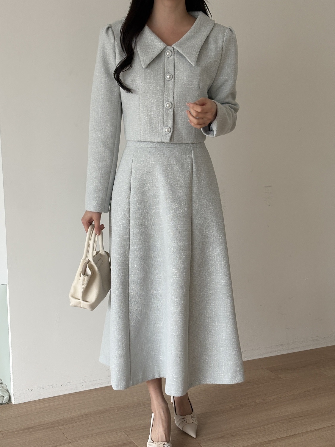 ツイードボタンVネック肩パッドラインパフスリーブロング長袖フレアAライン無地ツーピース(トップス、ボトムス)スカートジャケット | 詳細画像14