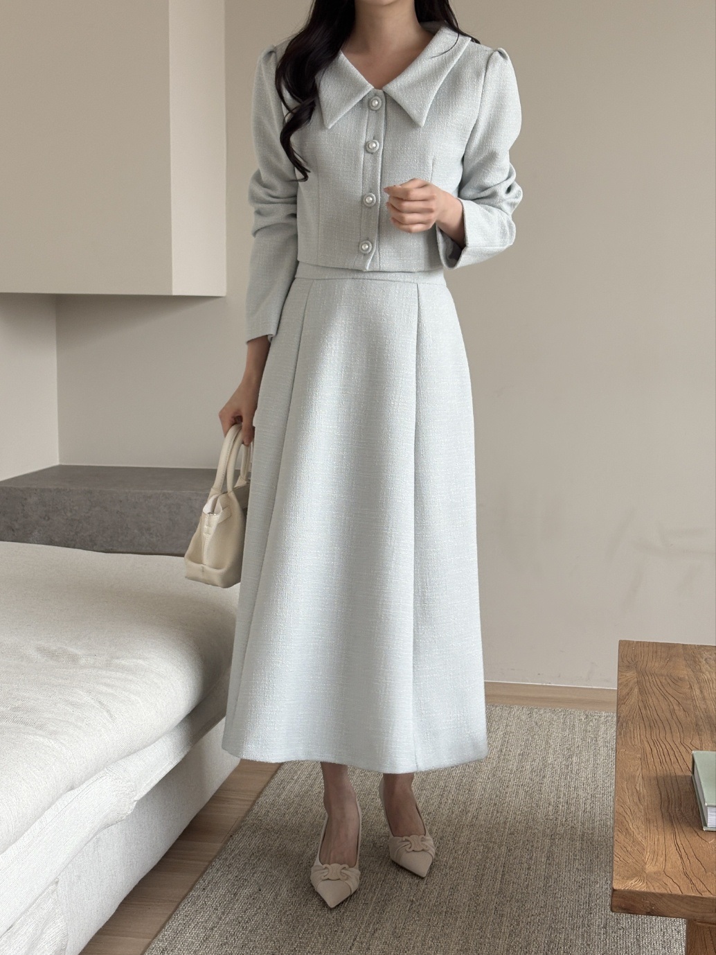 ツイードボタンVネック肩パッドラインパフスリーブロング長袖フレアAライン無地ツーピース(トップス、ボトムス)スカートジャケット | 詳細画像15