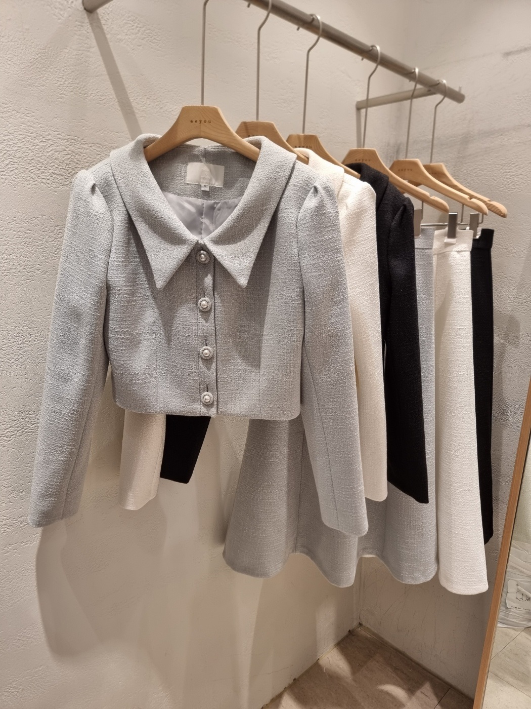 ツイードボタンVネック肩パッドラインパフスリーブロング長袖フレアAライン無地ツーピース(トップス、ボトムス)スカートジャケット | 詳細画像21