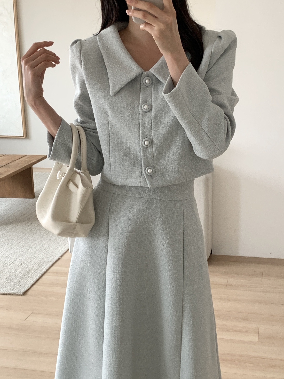 ツイードボタンVネック肩パッドラインパフスリーブクロップド長袖無地ジャケット | 詳細画像2