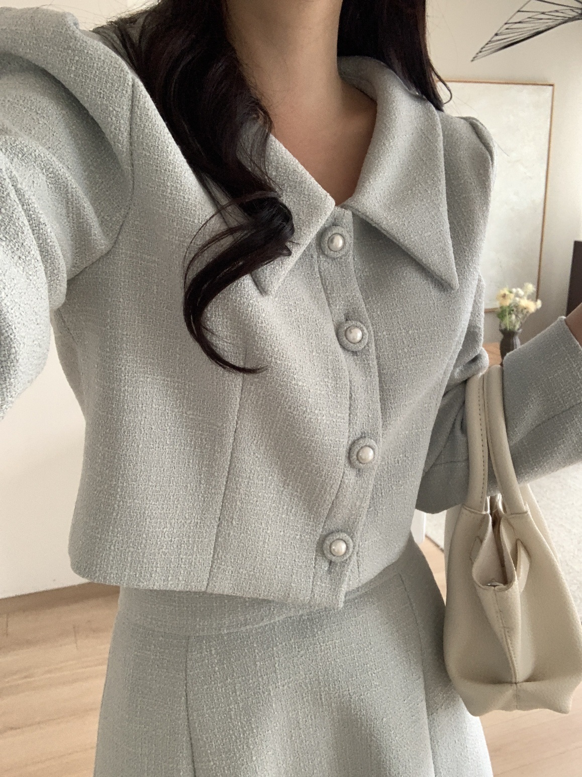 ツイードボタンVネック肩パッドラインパフスリーブクロップド長袖無地ジャケット | 詳細画像6