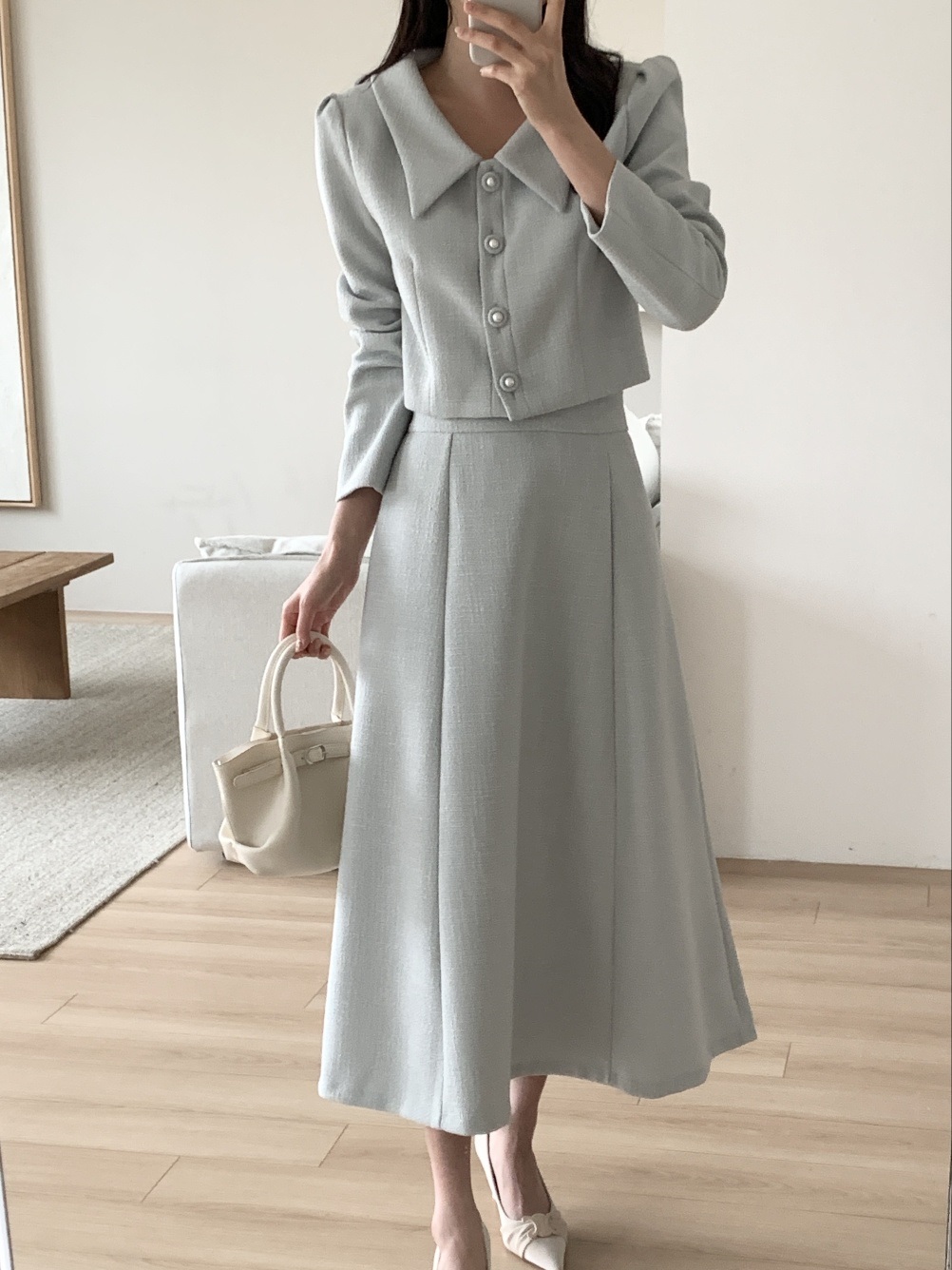 ツイードボタンVネック肩パッドラインパフスリーブクロップド長袖無地ジャケット | 詳細画像7