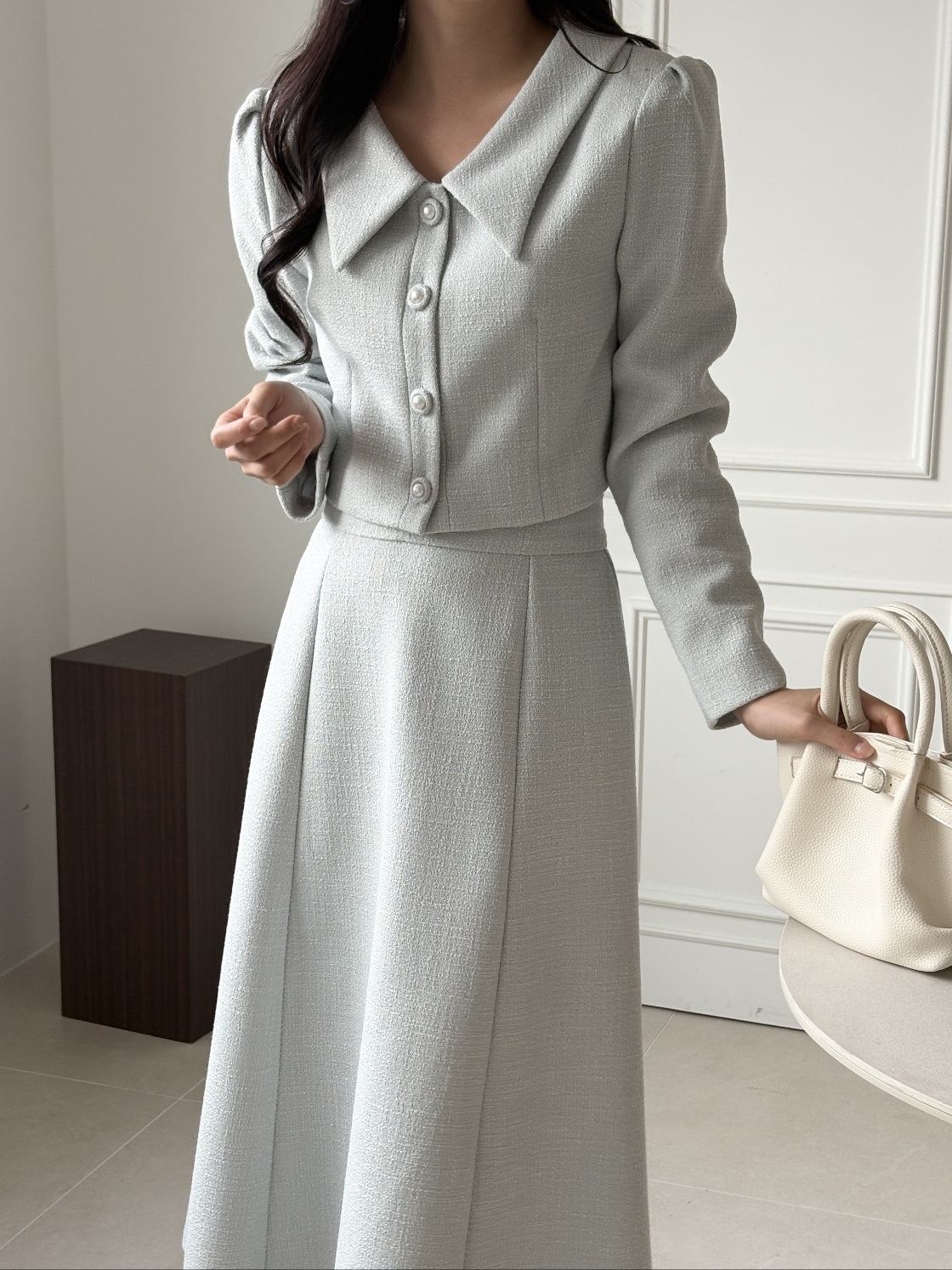 ツイードボタンVネック肩パッドラインパフスリーブクロップド長袖無地ジャケット | 詳細画像10