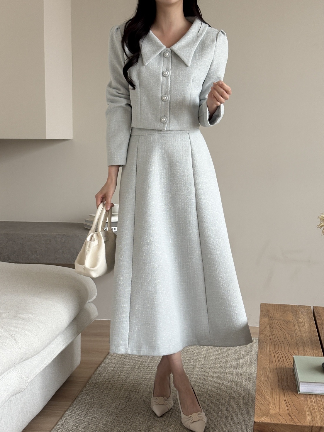 ツイードボタンVネック肩パッドラインパフスリーブクロップド長袖無地ジャケット | 詳細画像14