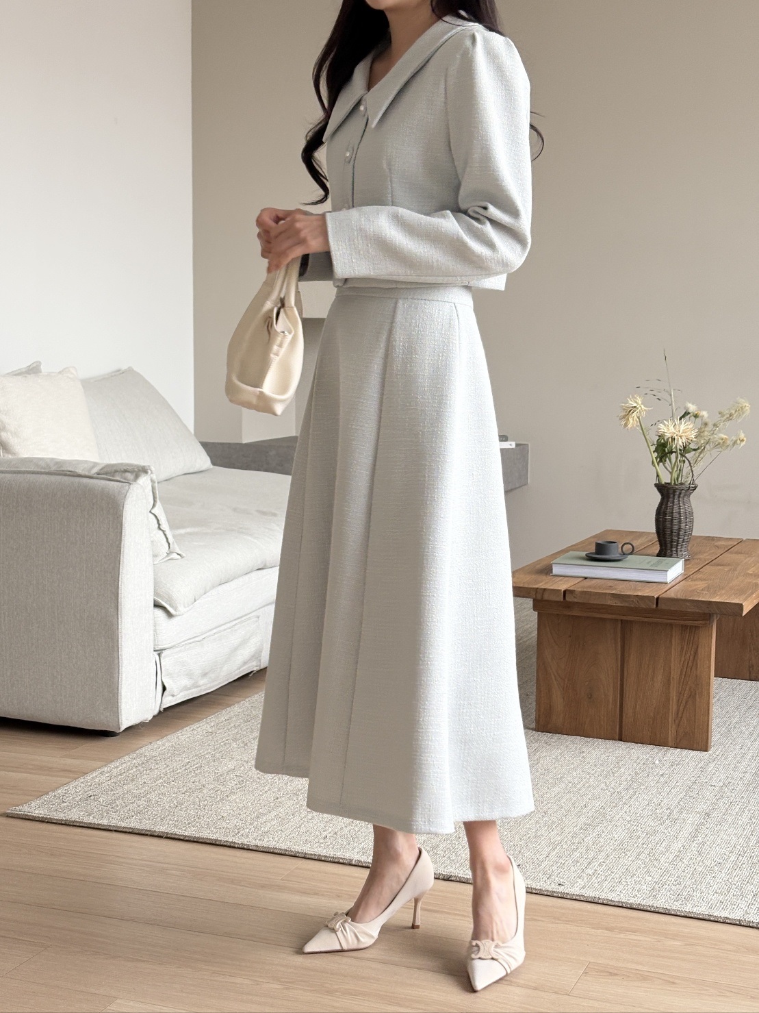 ツイードボタンVネック肩パッドラインパフスリーブクロップド長袖無地ジャケット | 詳細画像16