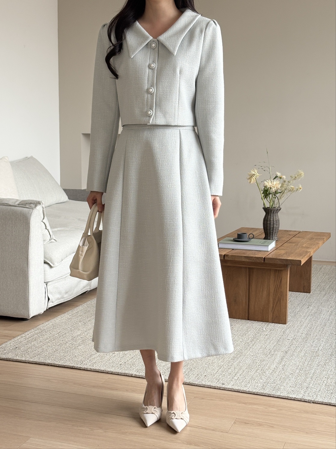 ツイードボタンVネック肩パッドラインパフスリーブクロップド長袖無地ジャケット | 詳細画像17