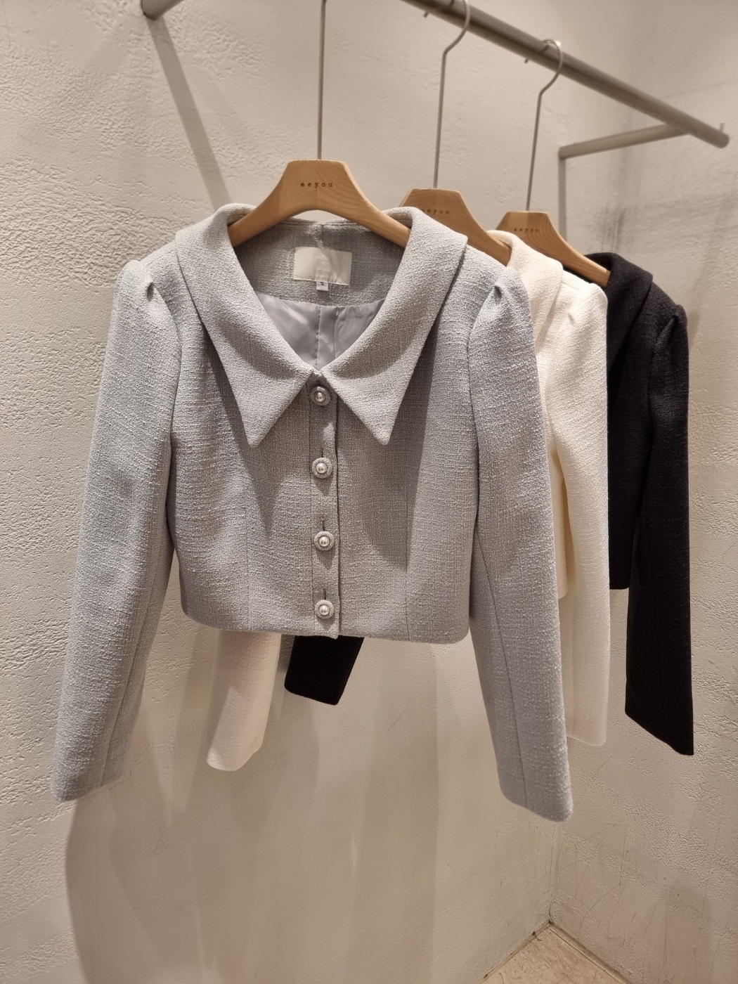 ツイードボタンVネック肩パッドラインパフスリーブクロップド長袖無地ジャケット | 詳細画像18