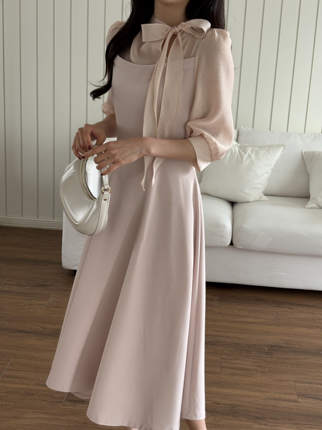 コンビボウタイパフスリーブロング7分袖フレアAライン無地ワンピース | 詳細画像2