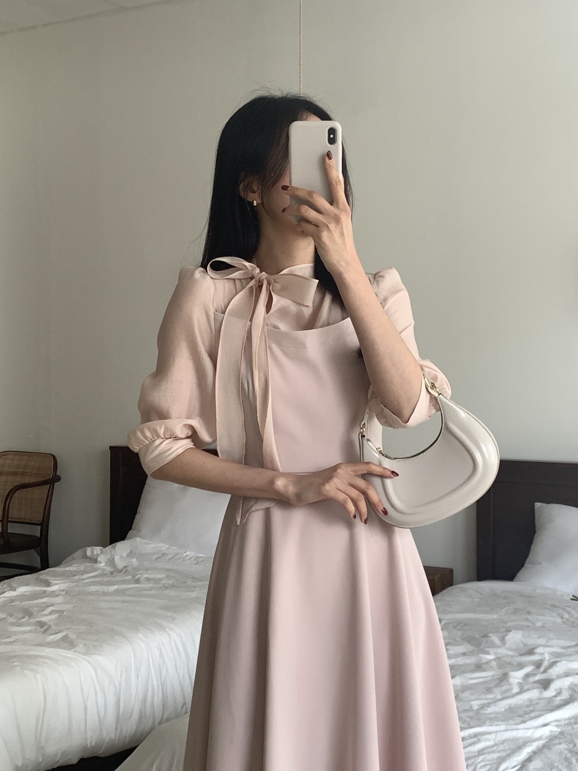 コンビボウタイパフスリーブロング7分袖フレアAライン無地ワンピース | 詳細画像3