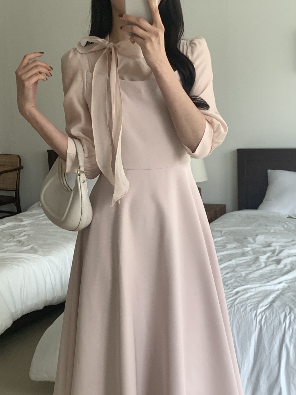 コンビボウタイパフスリーブロング7分袖フレアAライン無地ワンピース | 詳細画像5