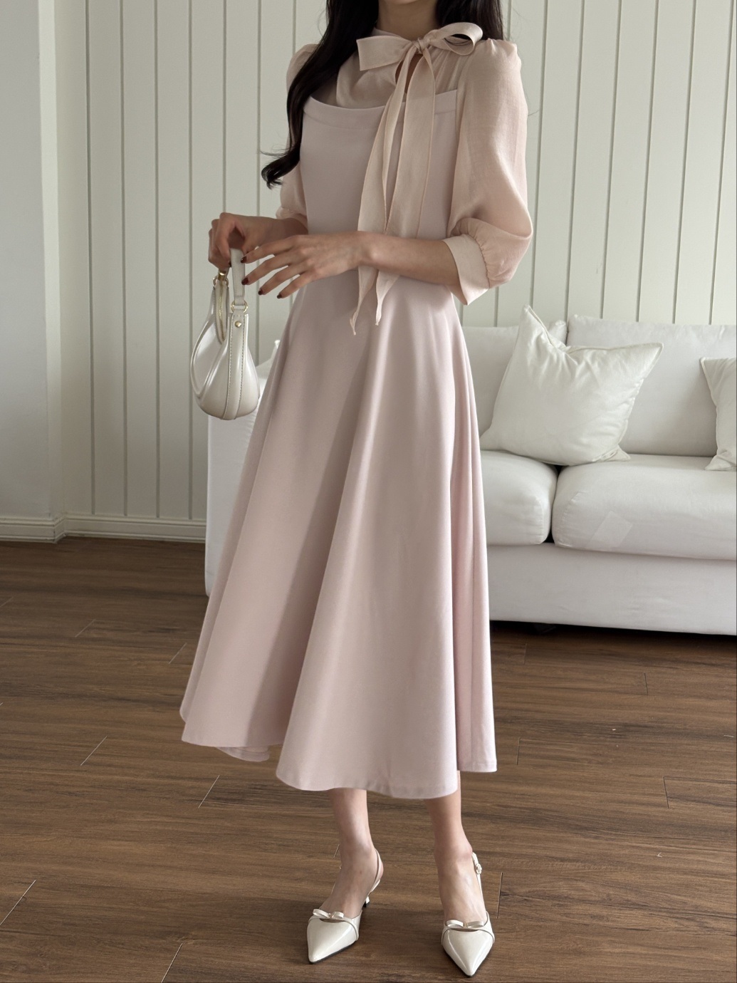 コンビボウタイパフスリーブロング7分袖フレアAライン無地ワンピース | 詳細画像6
