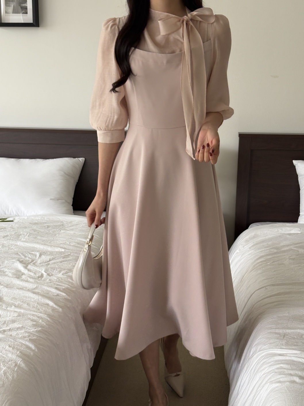 コンビボウタイパフスリーブロング7分袖フレアAライン無地ワンピース | 詳細画像7