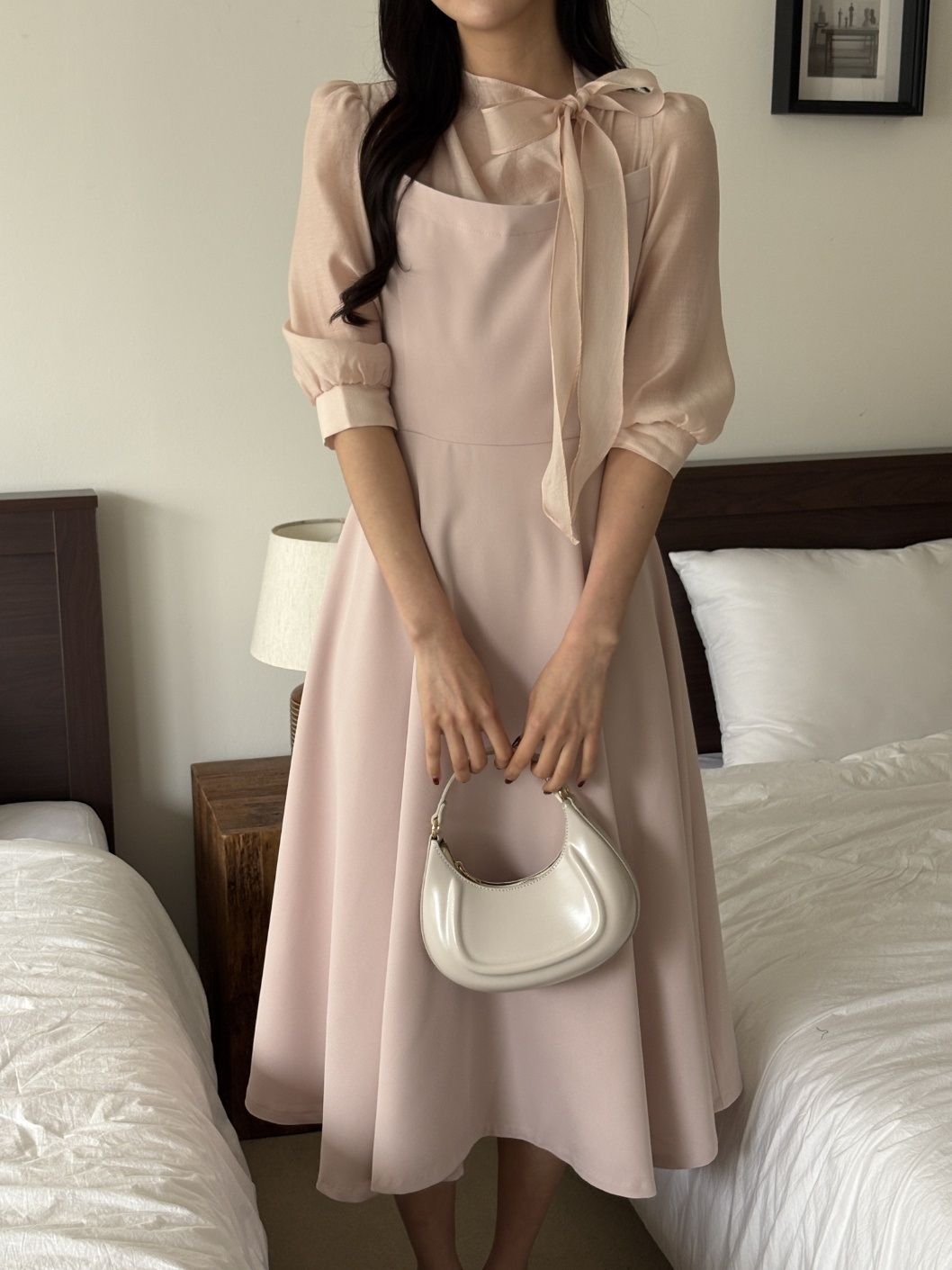 コンビボウタイパフスリーブロング7分袖フレアAライン無地ワンピース | 詳細画像8