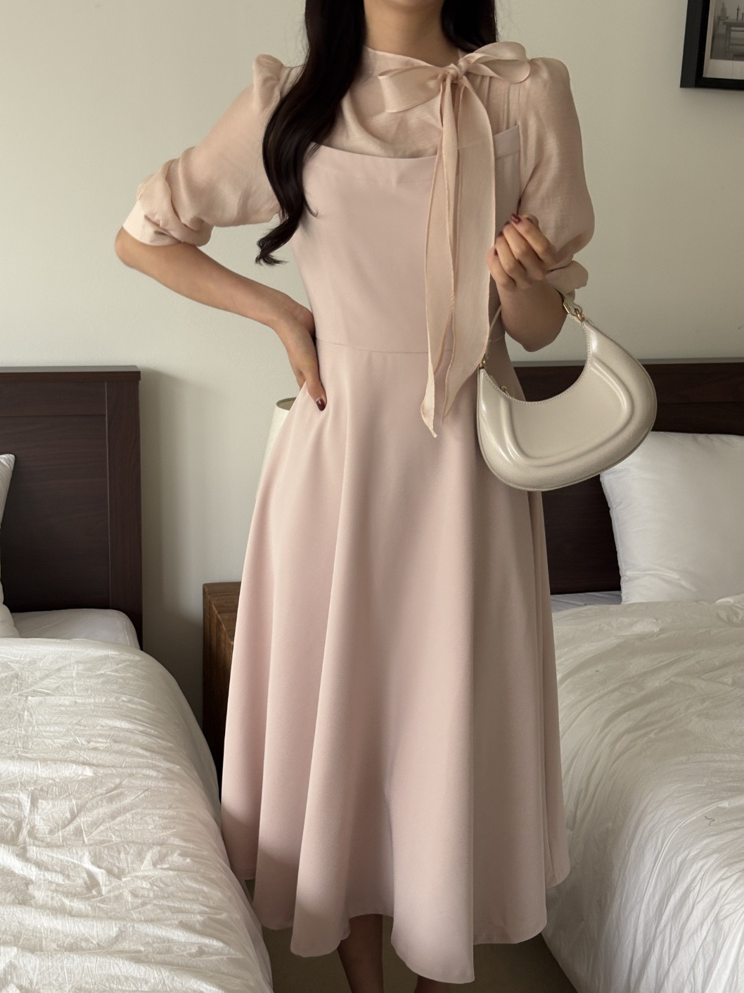 コンビボウタイパフスリーブロング7分袖フレアAライン無地ワンピース | 詳細画像9