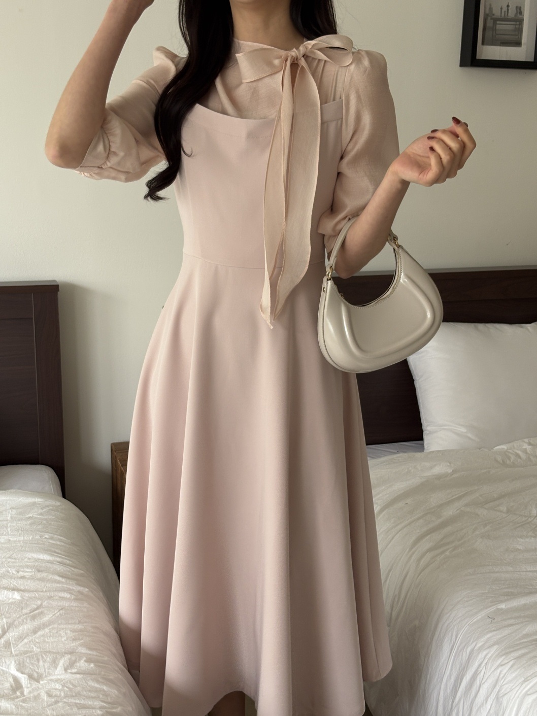 コンビボウタイパフスリーブロング7分袖フレアAライン無地ワンピース | 詳細画像10