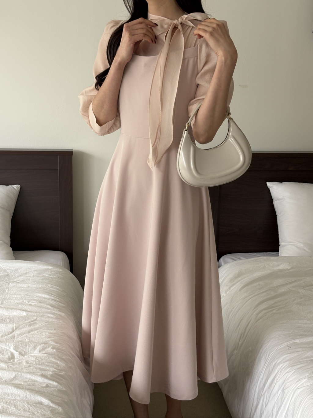 コンビボウタイパフスリーブロング7分袖フレアAライン無地ワンピース | 詳細画像11