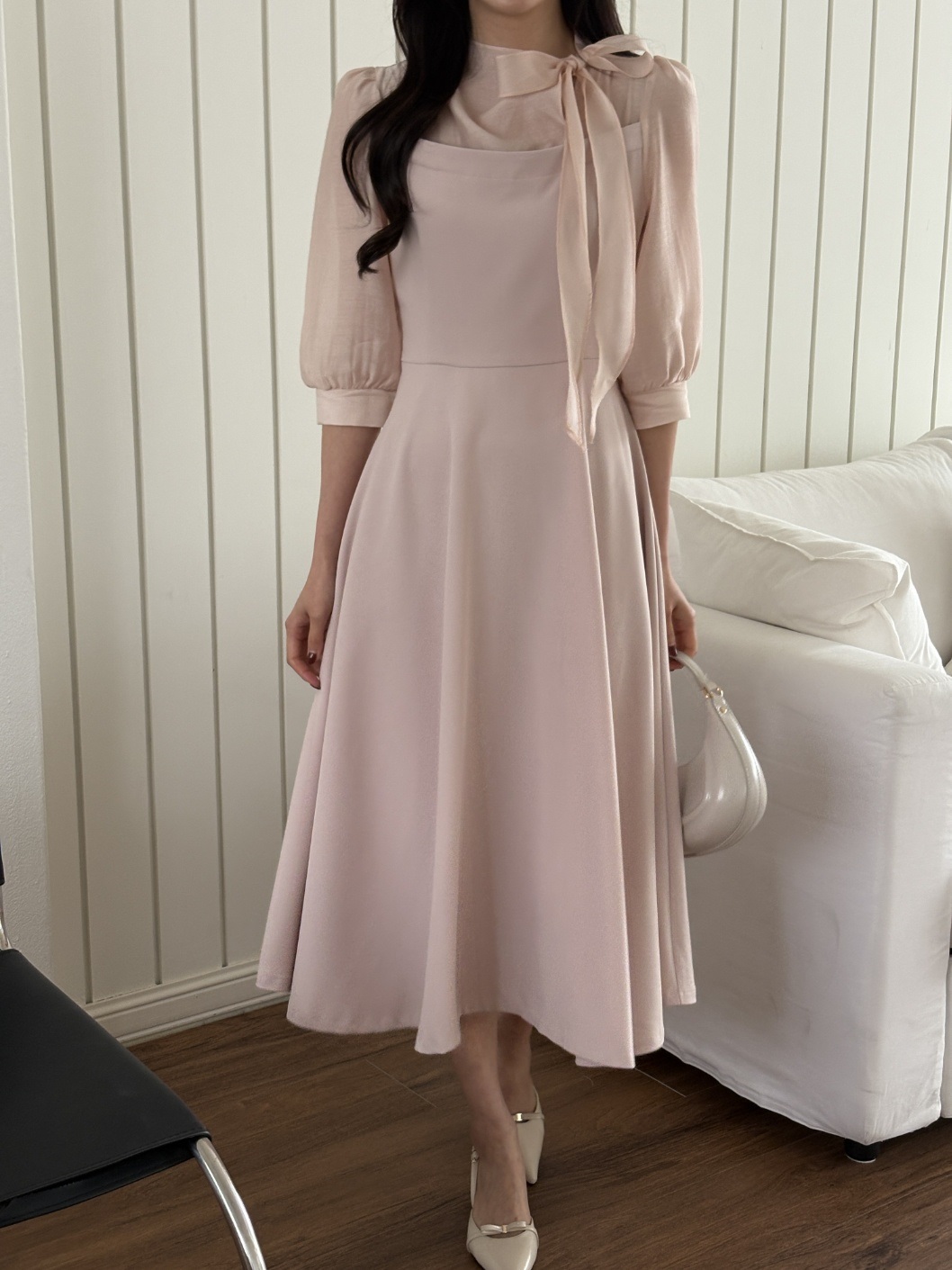 コンビボウタイパフスリーブロング7分袖フレアAライン無地ワンピース | 詳細画像12