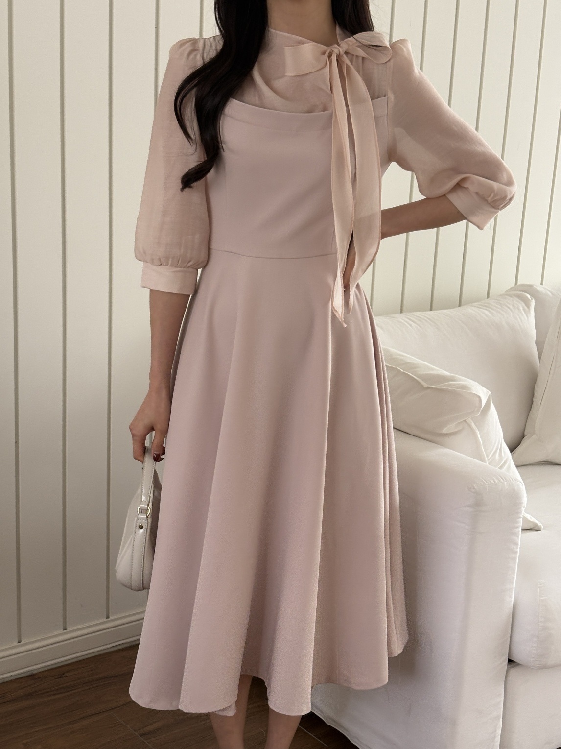 コンビボウタイパフスリーブロング7分袖フレアAライン無地ワンピース | 詳細画像13