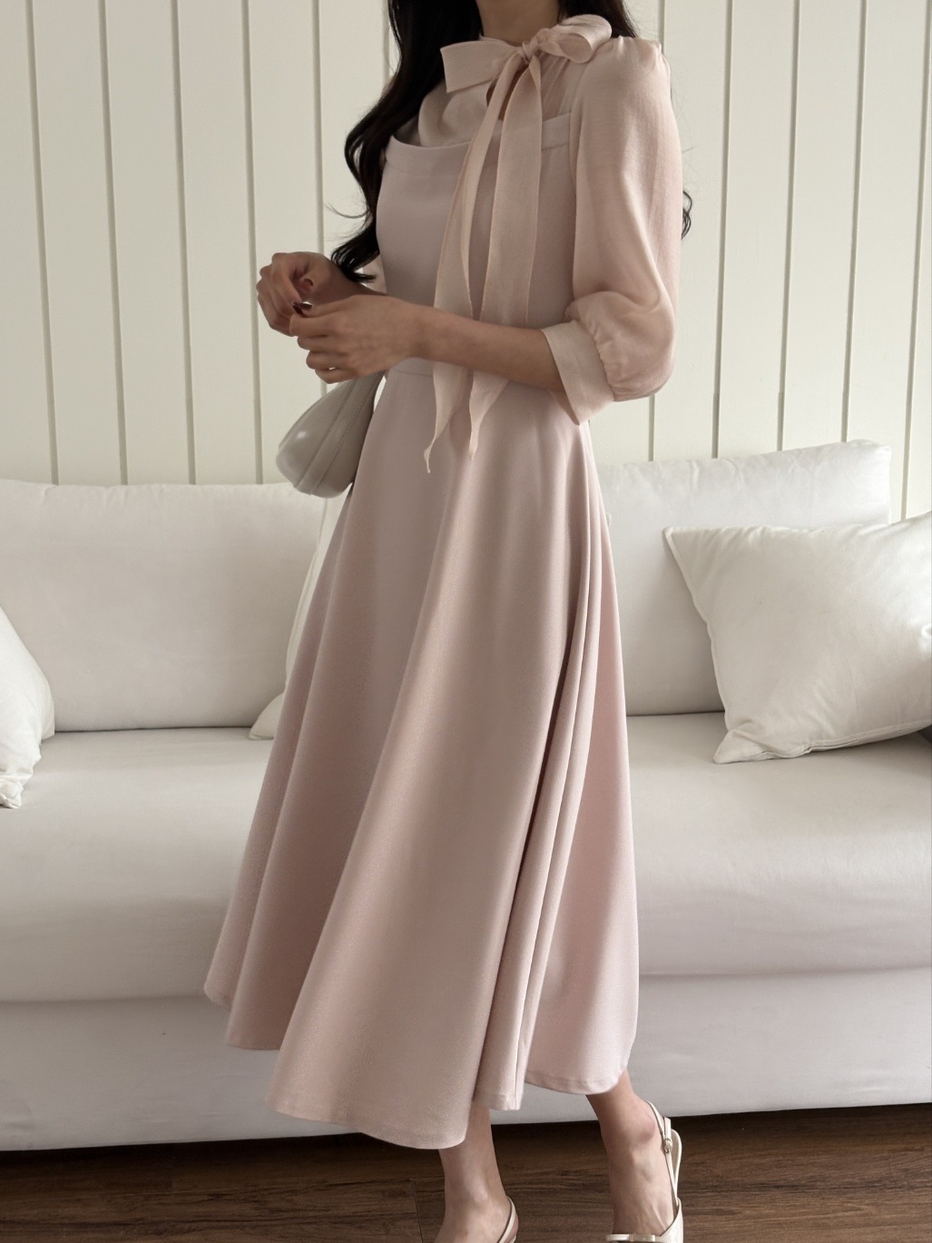 コンビボウタイパフスリーブロング7分袖フレアAライン無地ワンピース | 詳細画像14