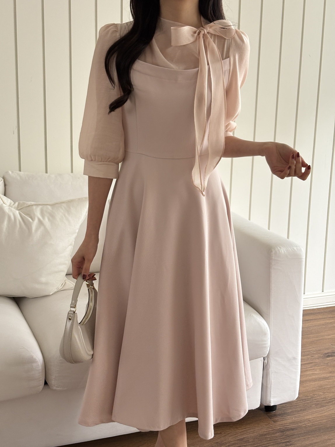 コンビボウタイパフスリーブロング7分袖フレアAライン無地ワンピース | 詳細画像15