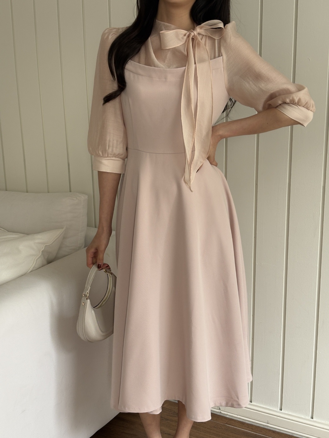 コンビボウタイパフスリーブロング7分袖フレアAライン無地ワンピース | 詳細画像16