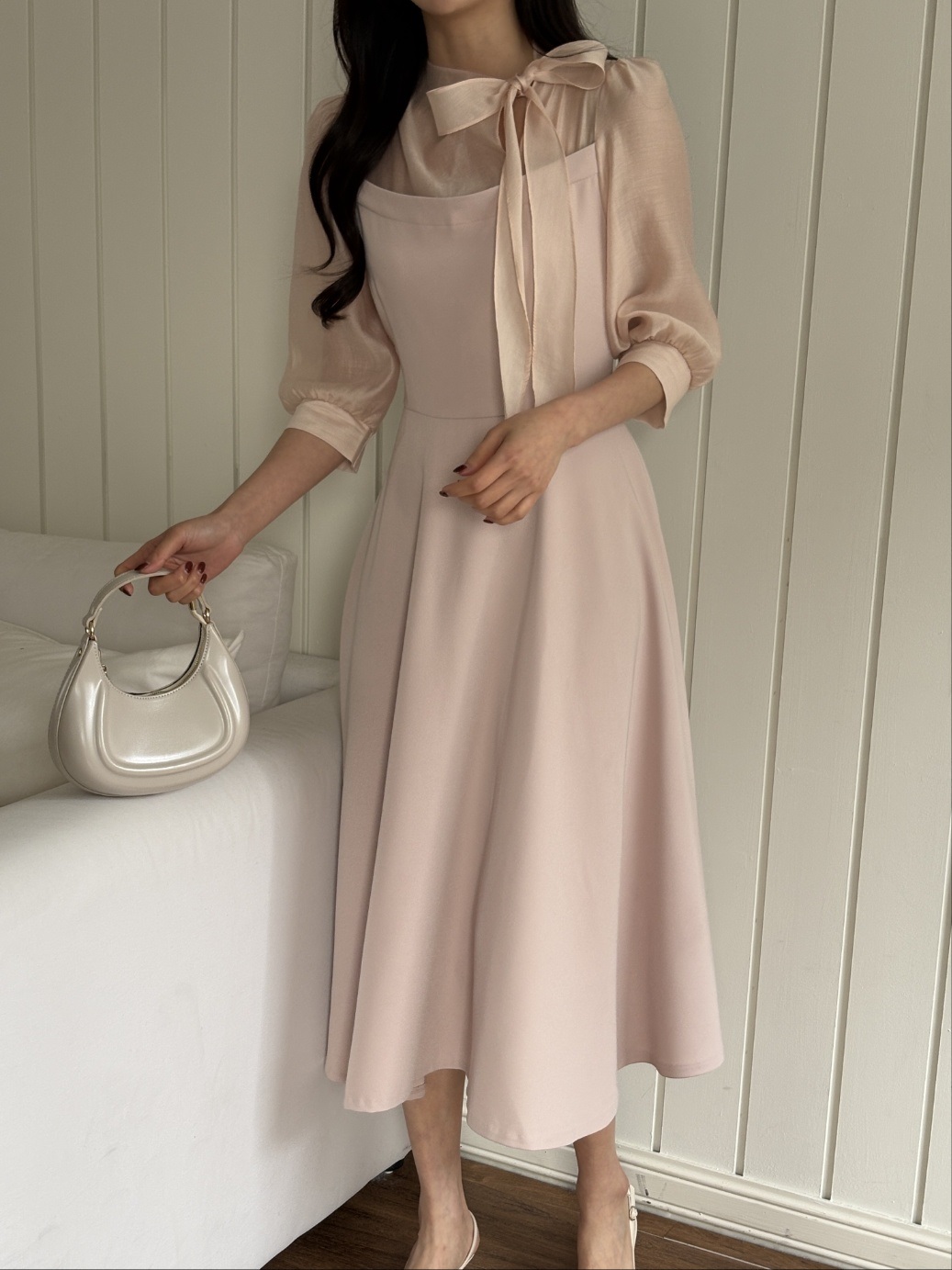 コンビボウタイパフスリーブロング7分袖フレアAライン無地ワンピース | 詳細画像18