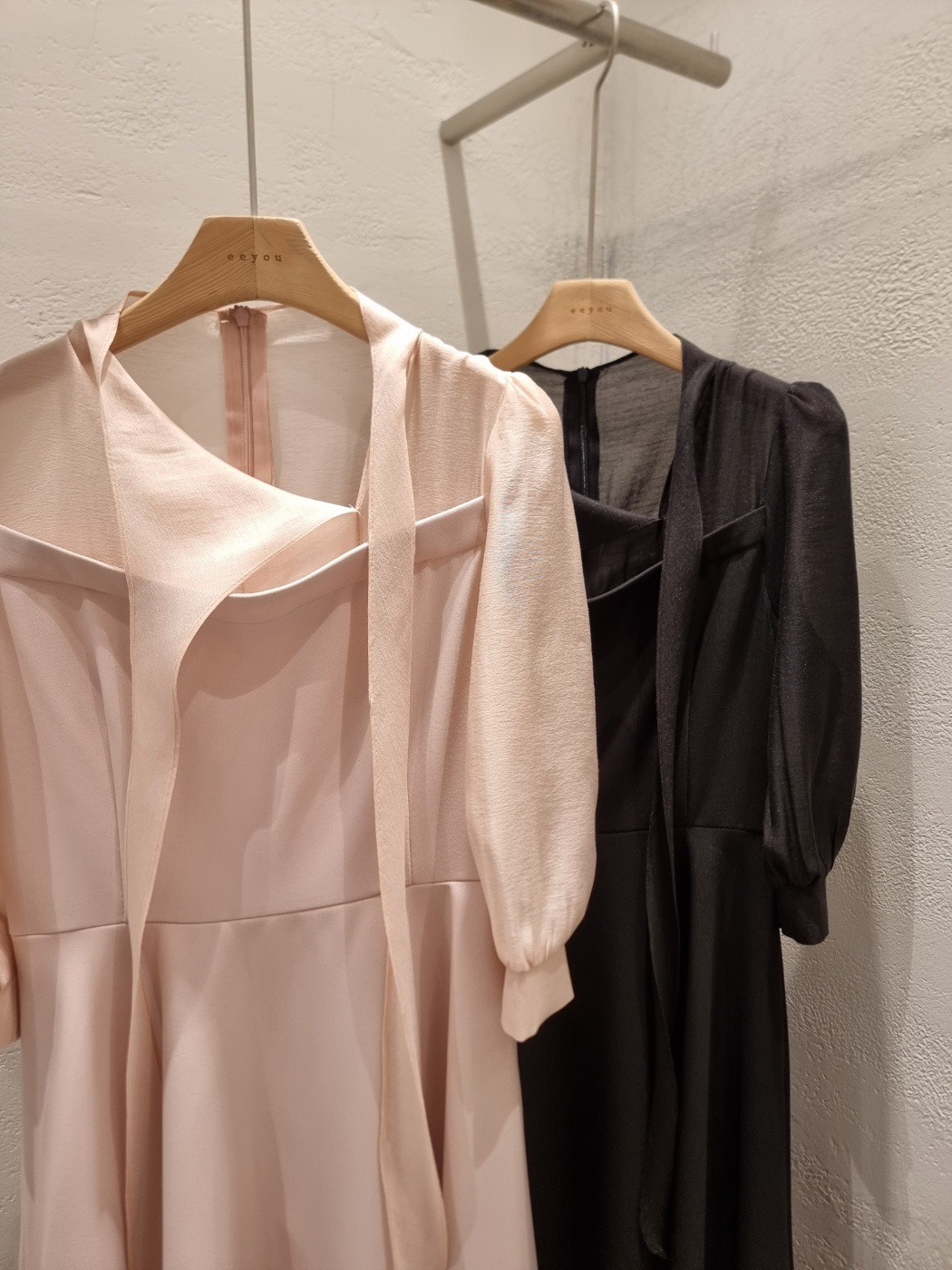 コンビボウタイパフスリーブロング7分袖フレアAライン無地ワンピース | 詳細画像20