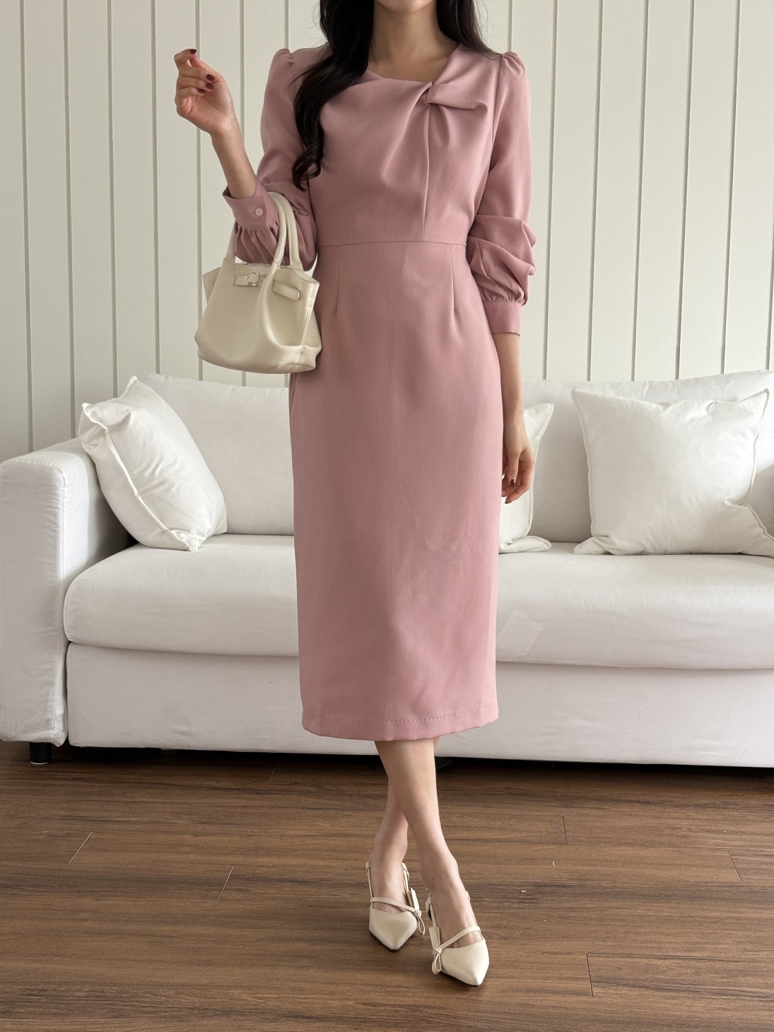 スリットラインパフスリーブツイスト長袖ギャザーボタンスリーブバックストラップHライン(ロング丈)無地ワンピース | 詳細画像8