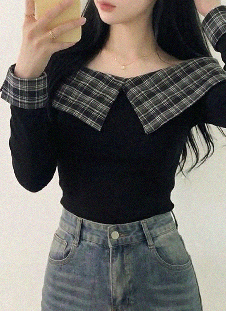 オフショルダー長袖セーラーカラースリムチェック配色Tシャツ