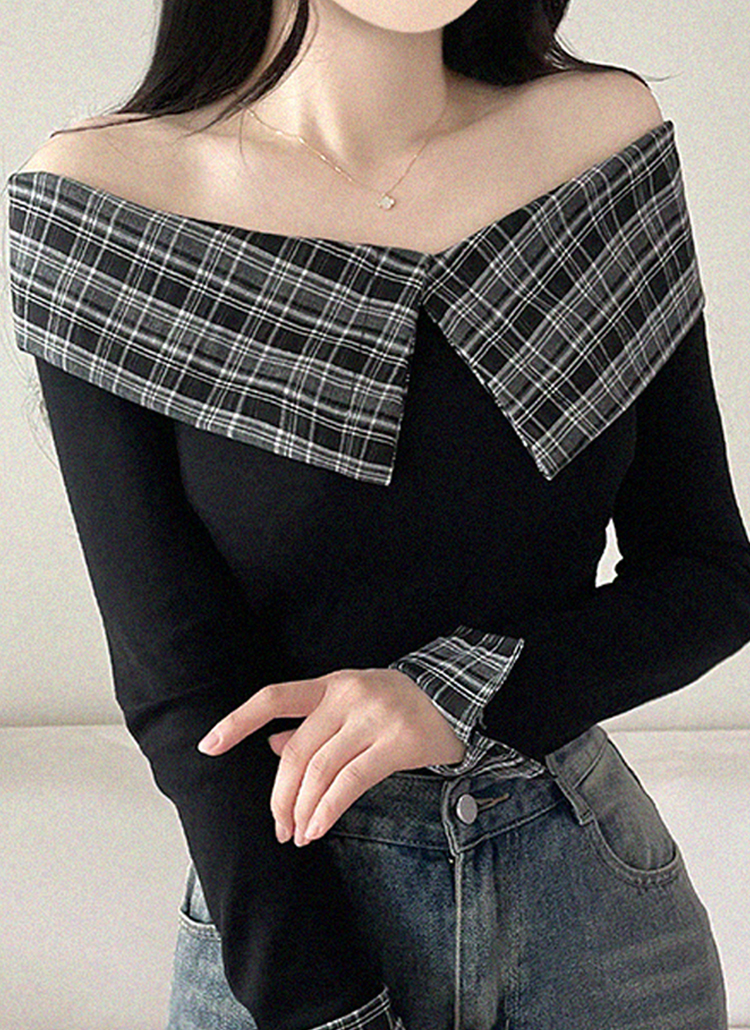 オフショルダー長袖セーラーカラースリムチェック配色Tシャツ