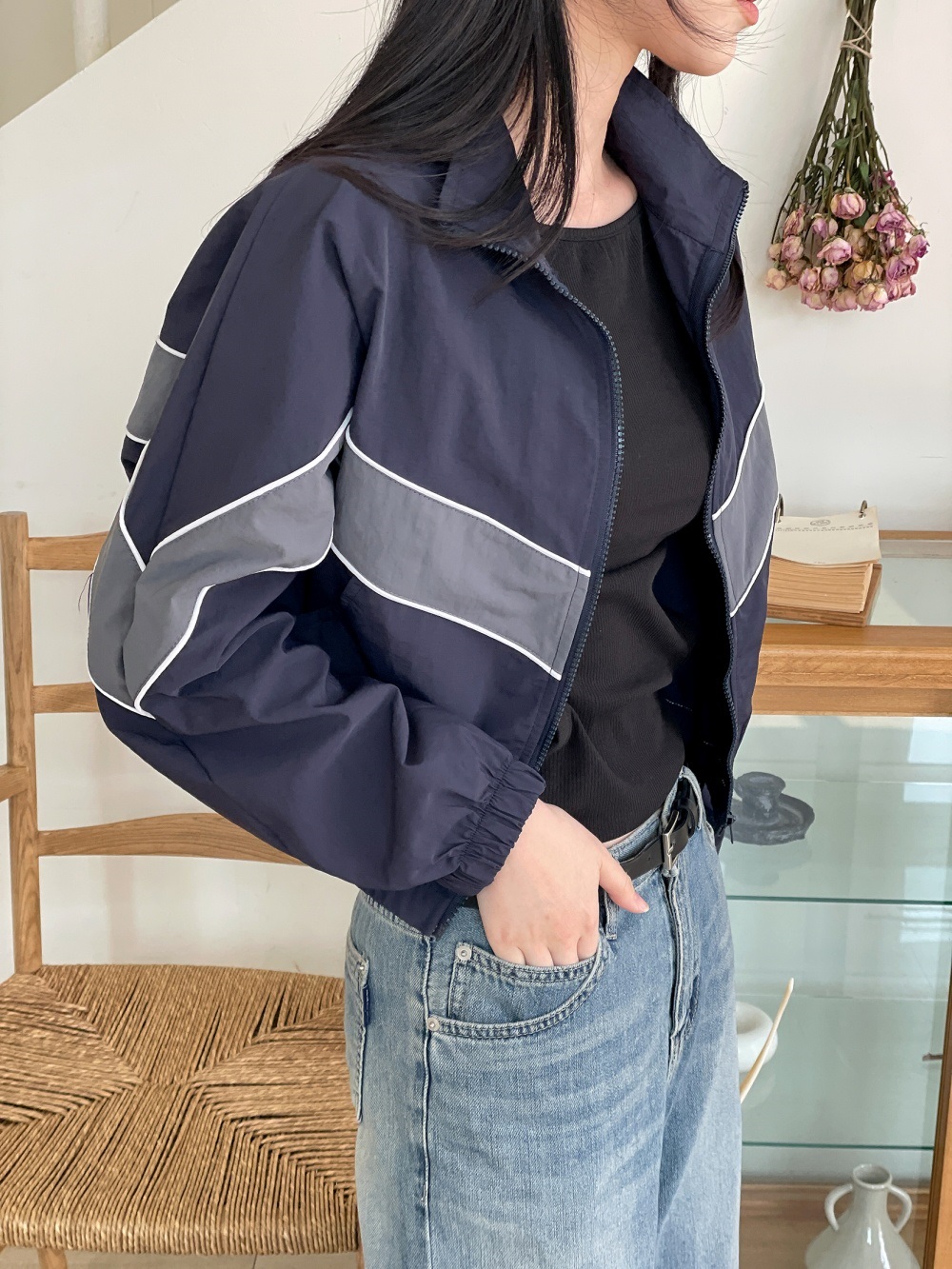 ジップアップハイネックゴムポケットクロップド長袖配色ラインジャンパー | 詳細画像2