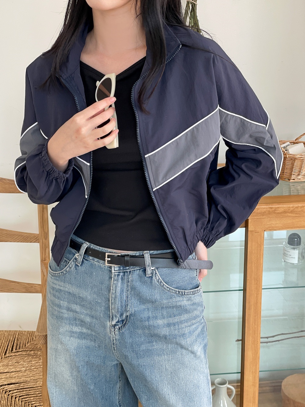 ジップアップハイネックゴムポケットクロップド長袖配色ラインジャンパー | 詳細画像3